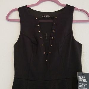 NWT Little Black Dress EXPRESS Mesh Front V Neck Studded Black Dress Gold Detail